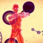 Transparent anatomical figure lifting a kettlebell with DNA and hormone molecule background – symbolic of testosterone and medical science