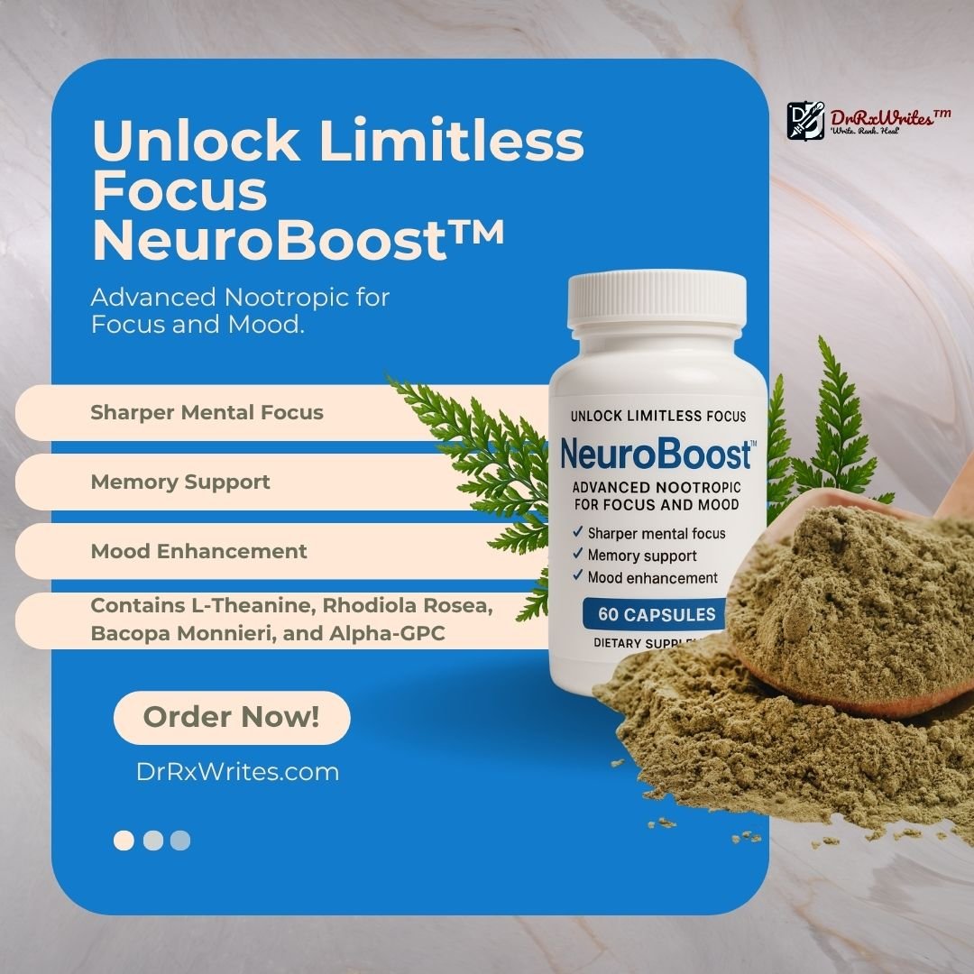 NeuroBoost for focus and mood – nootropic supplement bottle with herbal ingredients promoting mental clarity, memory, and mood support.