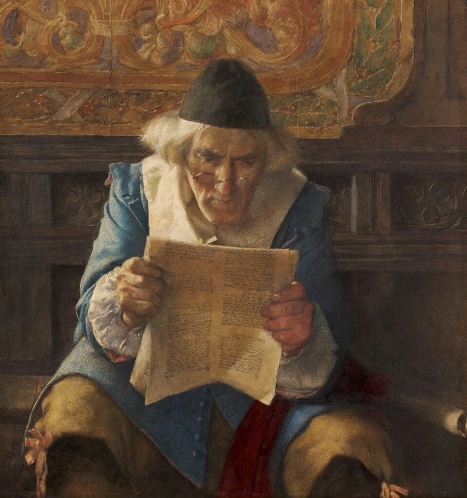 Wisdom 18th-century European painting showing man reading a testament
