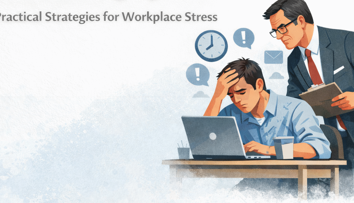 stressed employee dealing with a micromanaging boss in a toxic workplace environment